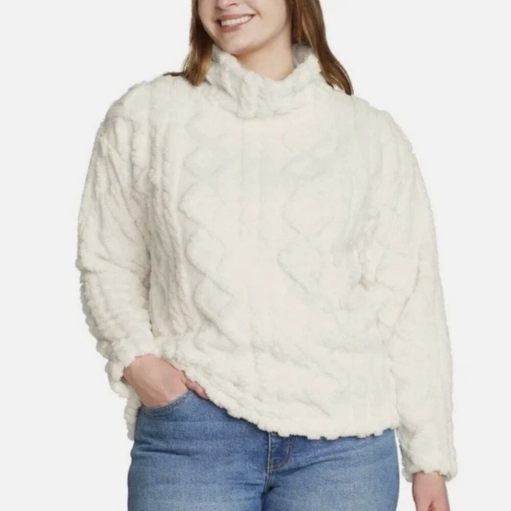 Eddie Bauer Women's Cable Fleece Mock Neck Pullover Ivory Size XL